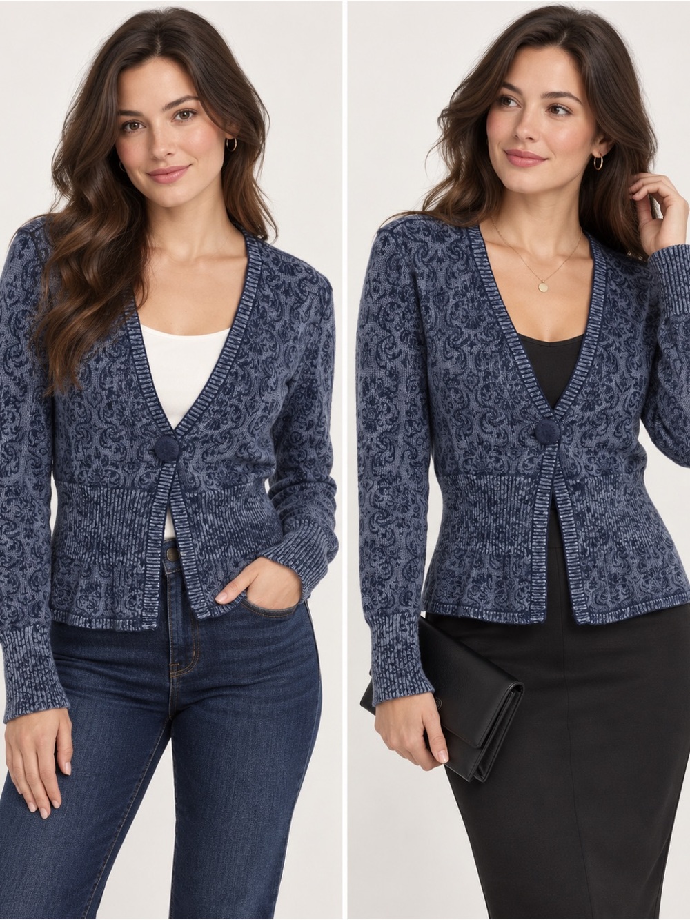 North Style Blue Sweater Snap Button Cardigan Washed Denim Look Paisley Print X